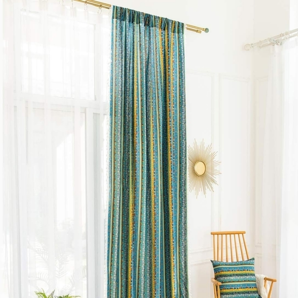 Blue & yellow stripe bohemian linen blend curtain panels (2) - Picture 2 of 7